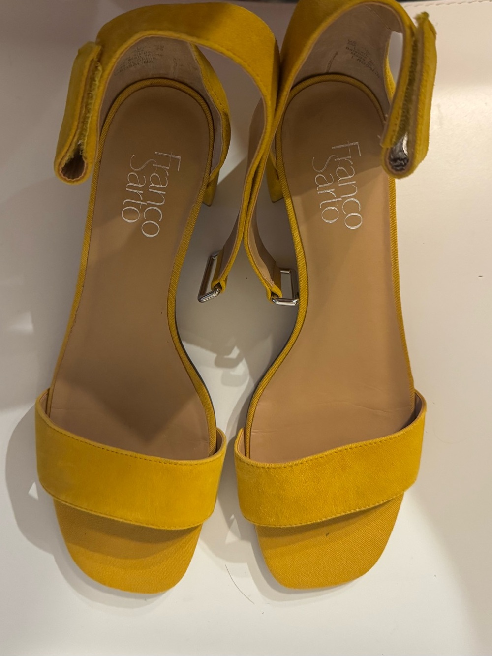 Franco Sarto Mustard Yellow Suede Block Heel Sandals